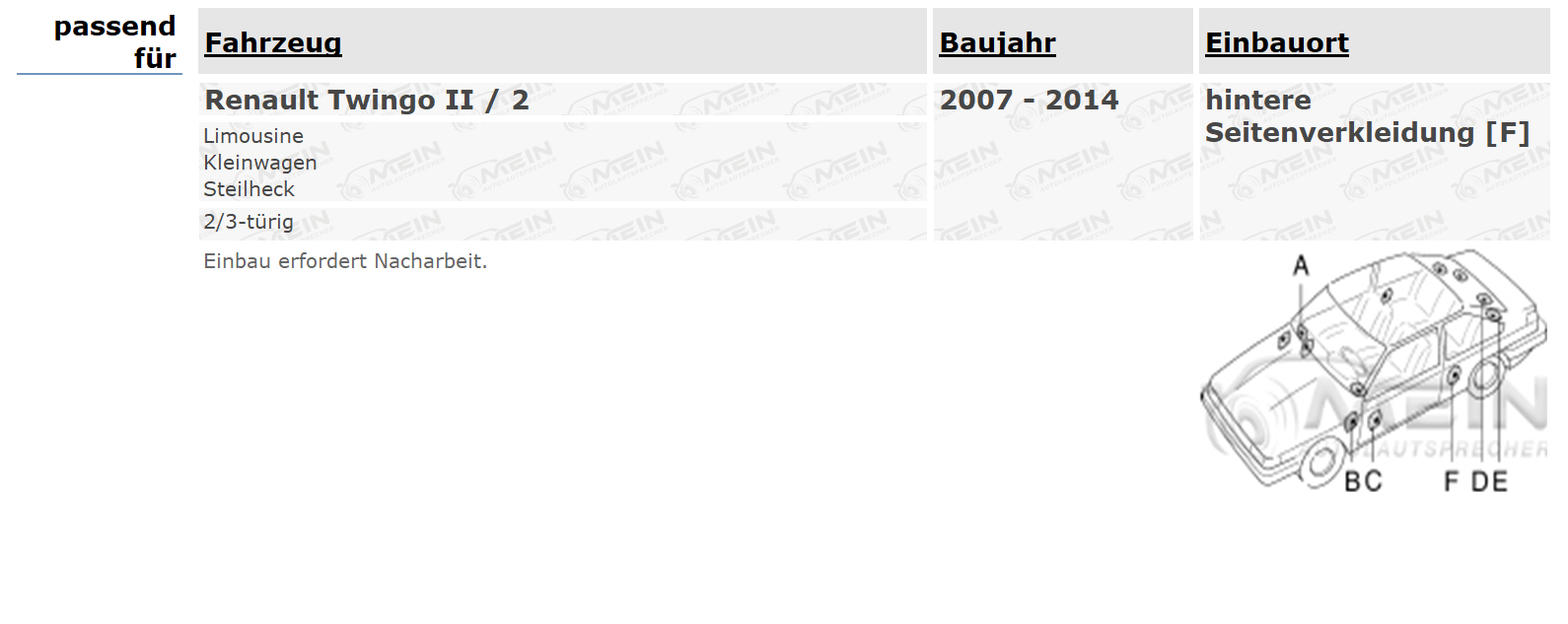 JBL LAUTSPRECHER für RENAULT TWINGO II / 2 2007-2014 Heck Hinten 135W