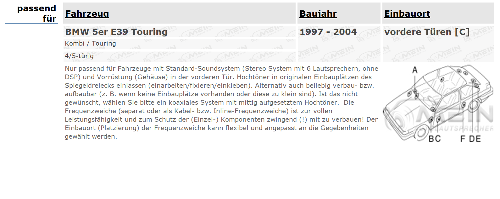 SINUSTEC LAUTSPRECHER für BMW 5ER E39 Touring 1997-2004 Vorn Tür 250W