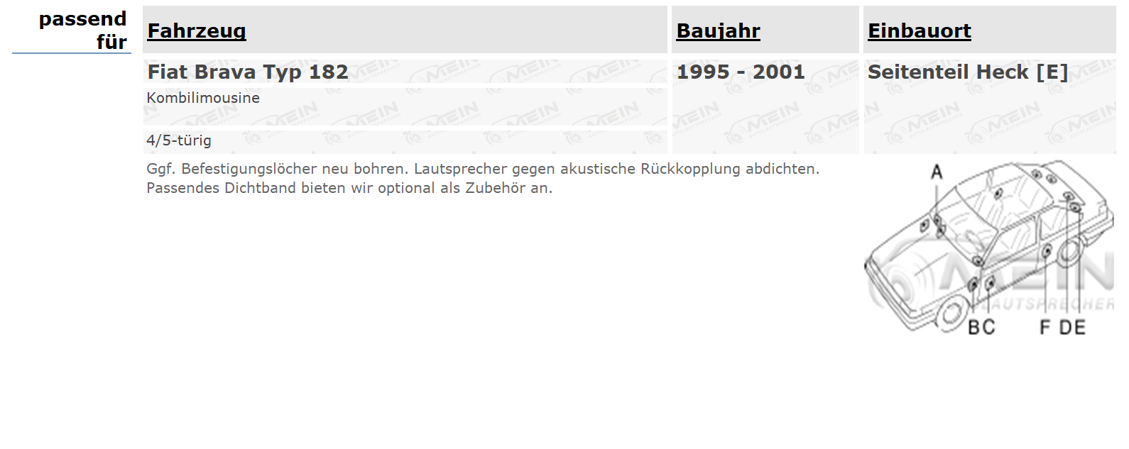 KENWOOD LAUTSPRECHER für FIAT BRAVA Typ 182 1995-2001 Heck Hinten 260W