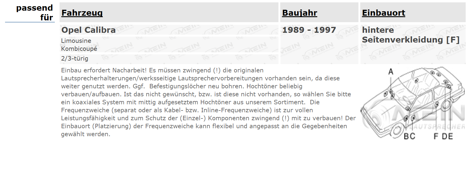 JBL LAUTSPRECHER für OPEL CALIBRA 1989-1997 Heck Hinten 2-Wege 180W
