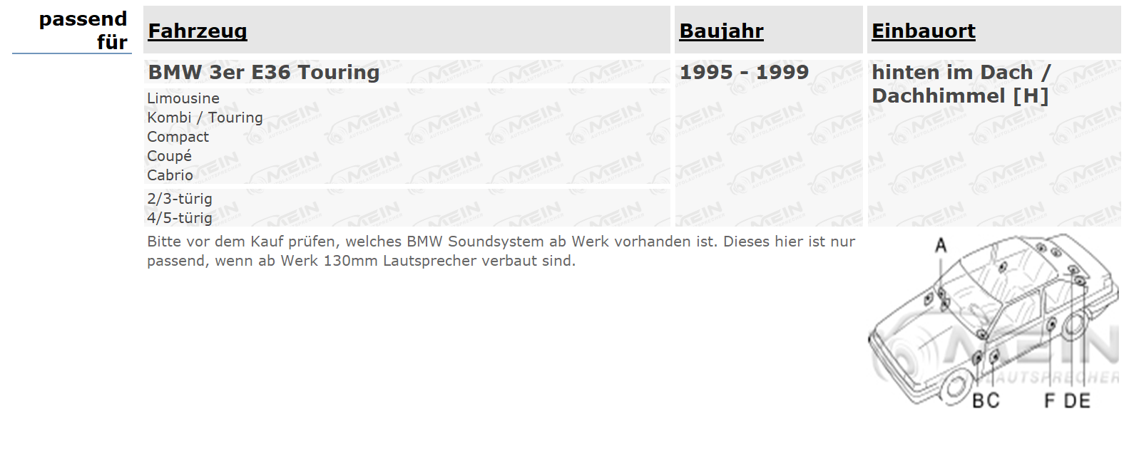 JVC DR LAUTSPRECHER für BMW 3ER E36 Touring 1995-1999 130mm Dach 260W