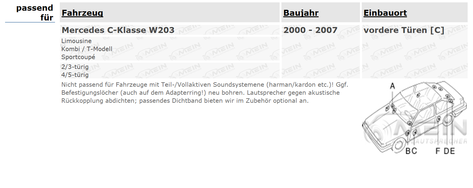 JBL LAUTSPRECHER für MERCEDES C-KLASSE W203 2000-2007 Front Vorn 225W