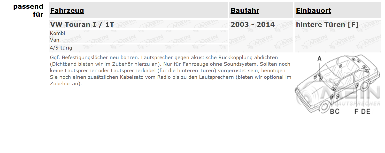 AUDIOCIRCLE LAUTSPRECHER für VW TOURAN I / 1T 2003-2014 Tür Heck 100W