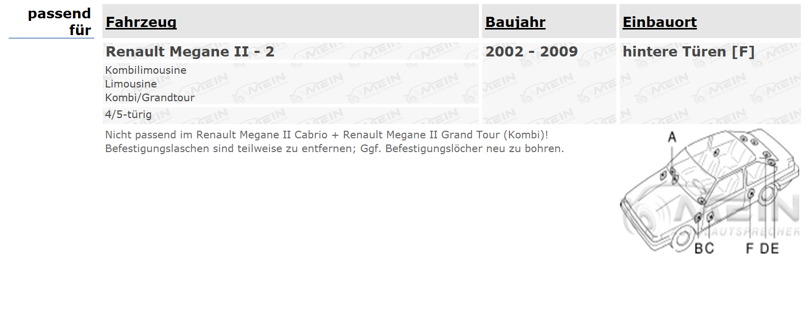 ALPINE LAUTSPRECHER für RENAULT MEGANE II - 2 2002-2009 Heck Tür 200W