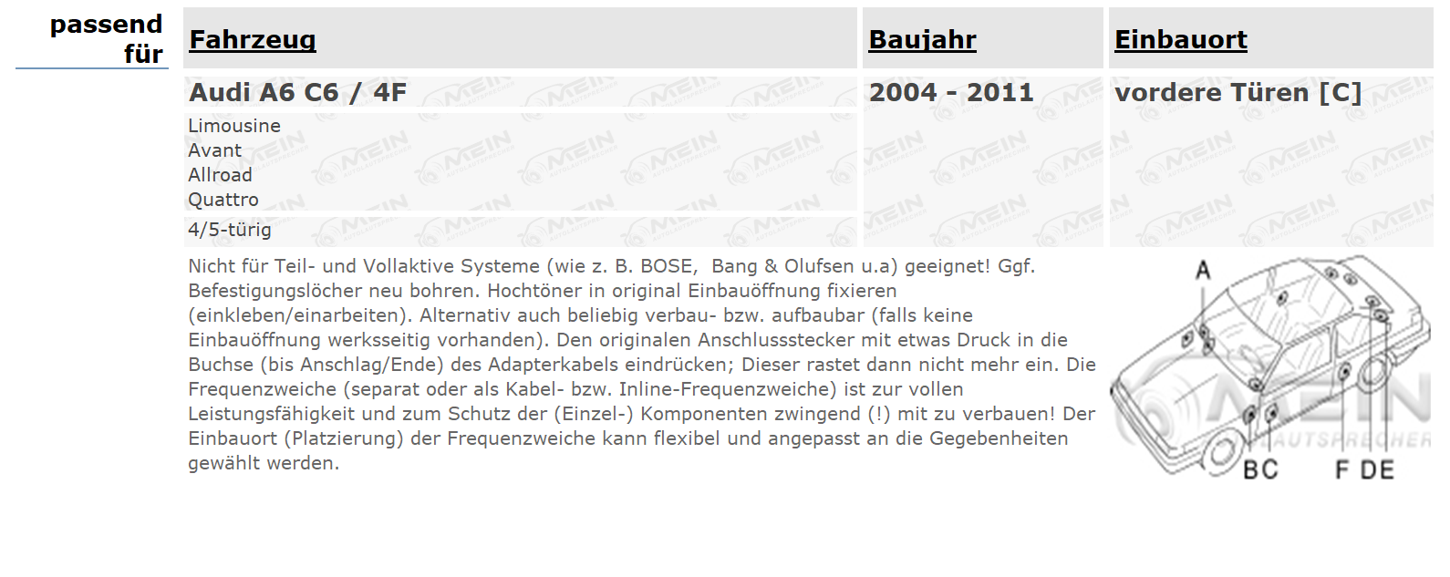 JBL LAUTSPRECHER für AUDI A6 C6 / 4F 2004-2011 Front Vorn 2-Wege 210W