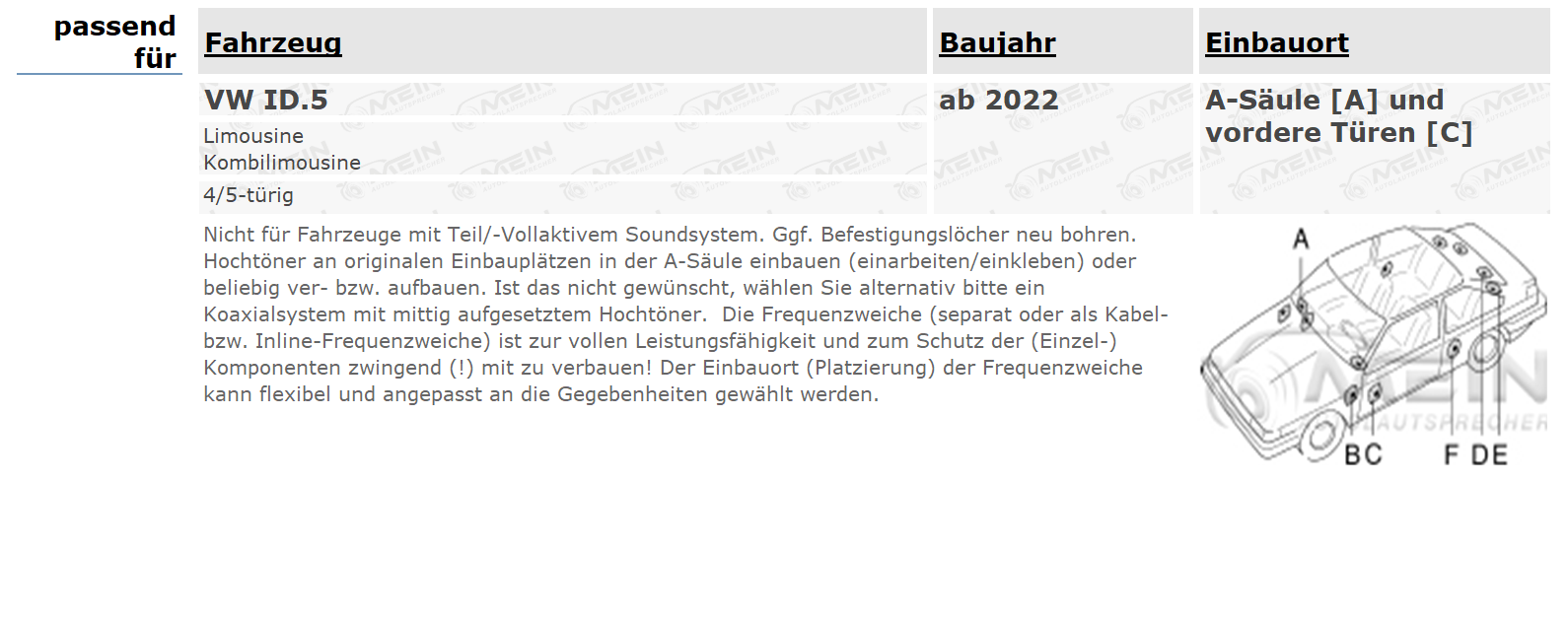GROUND ZERO LAUTSPRECHER für VW ID.5 ab 2022 Front Tür 2-Wege 150W 165