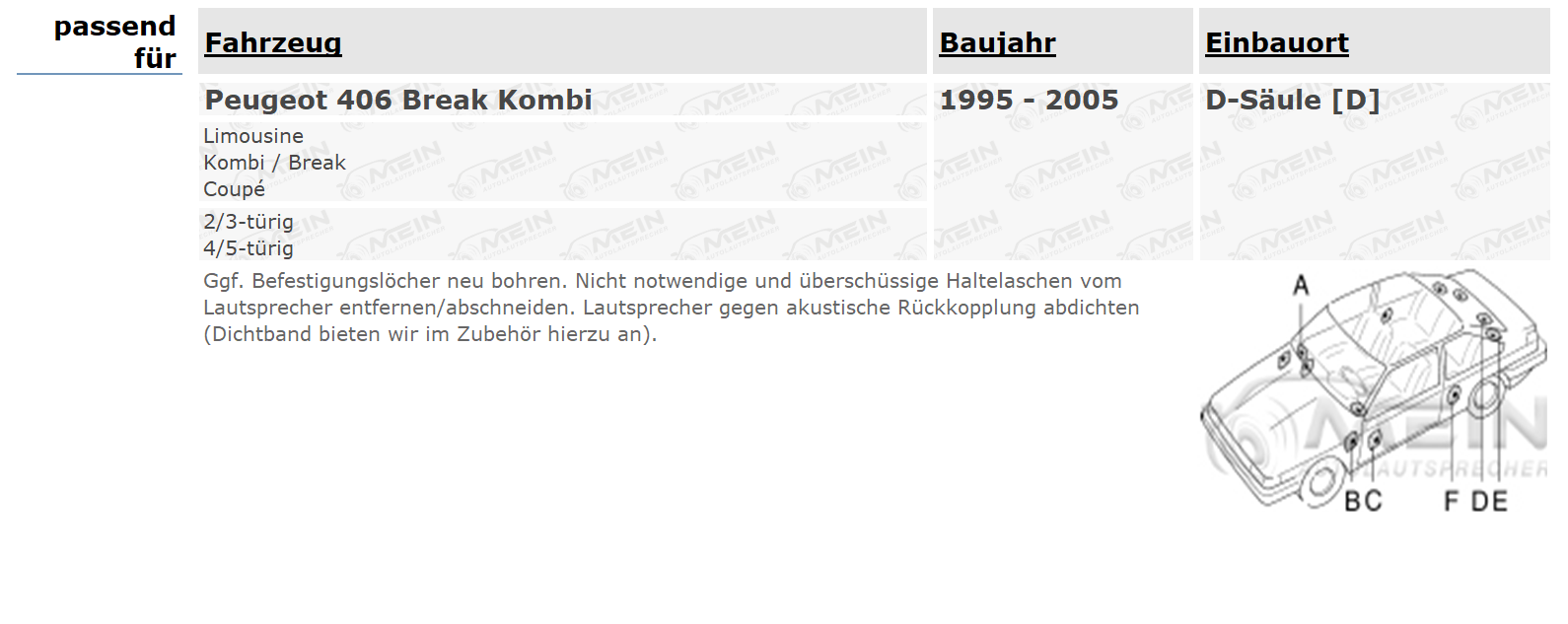 PIONEER LAUTSPRECHER für PEUGEOT 406 Break Kombi 1995-2005 Heck 190W