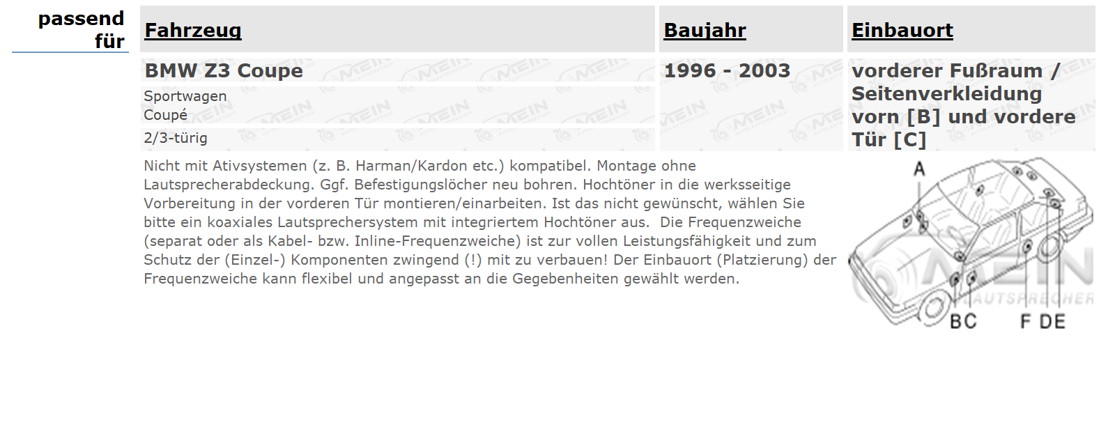 JBL LAUTSPRECHER für BMW Z3 Coupe 1996-2003 Vorn Tür 2-Wege Kompo 135W