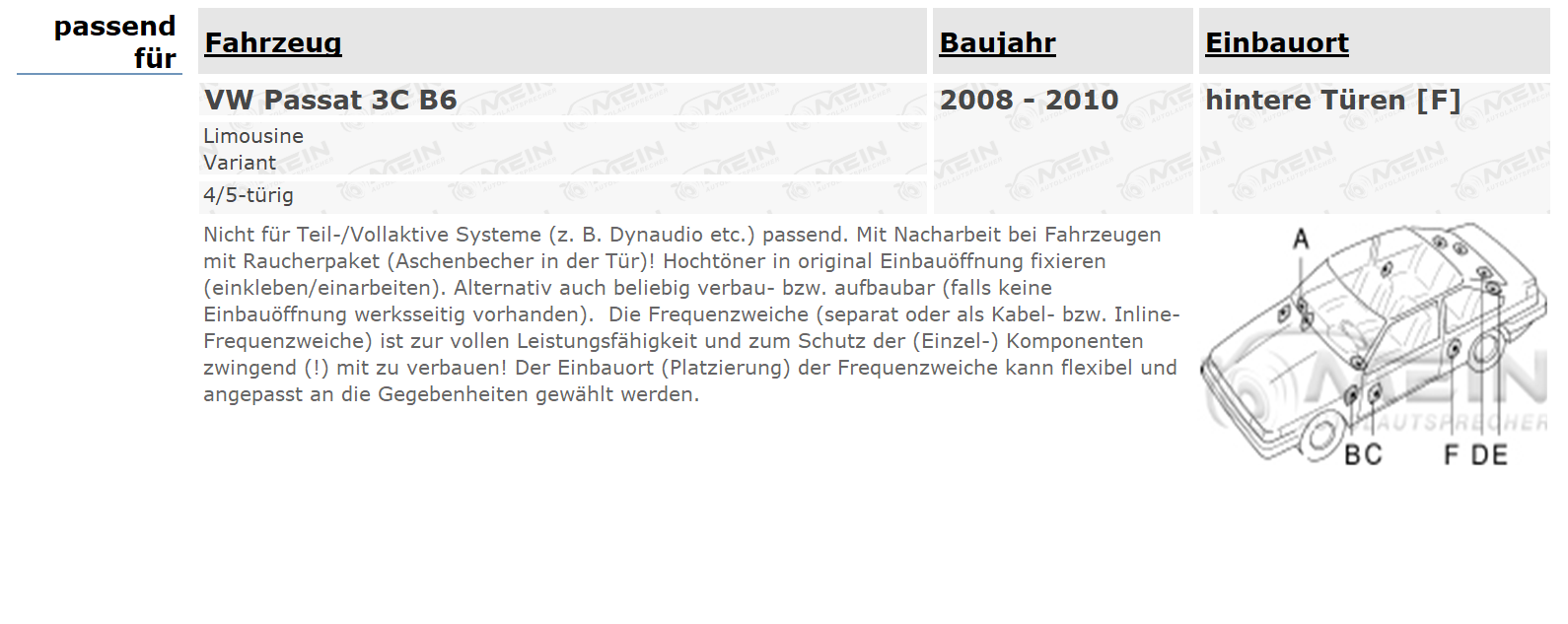 JBL LAUTSPRECHER für VW PASSAT 3C B6 2008-2010 Heck Hinten 2-Wege 210W