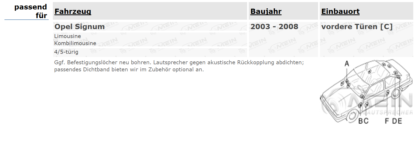 PIONEER LAUTSPRECHER für OPEL SIGNUM 2003-2008 Front Tür 3-Wege 250W
