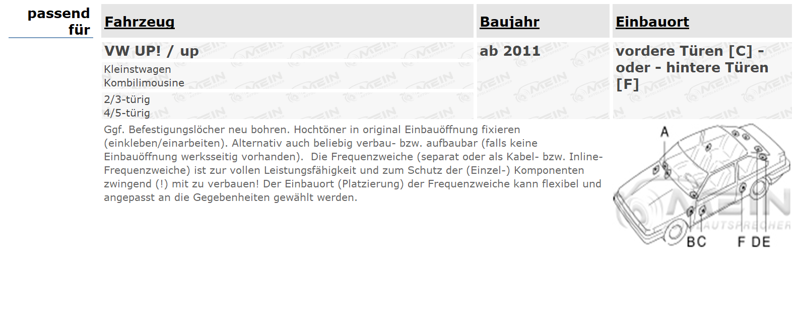 JBL LAUTSPRECHER für VW UP! / up ab 2011 Front Heck 2-Wege Kompo 270W