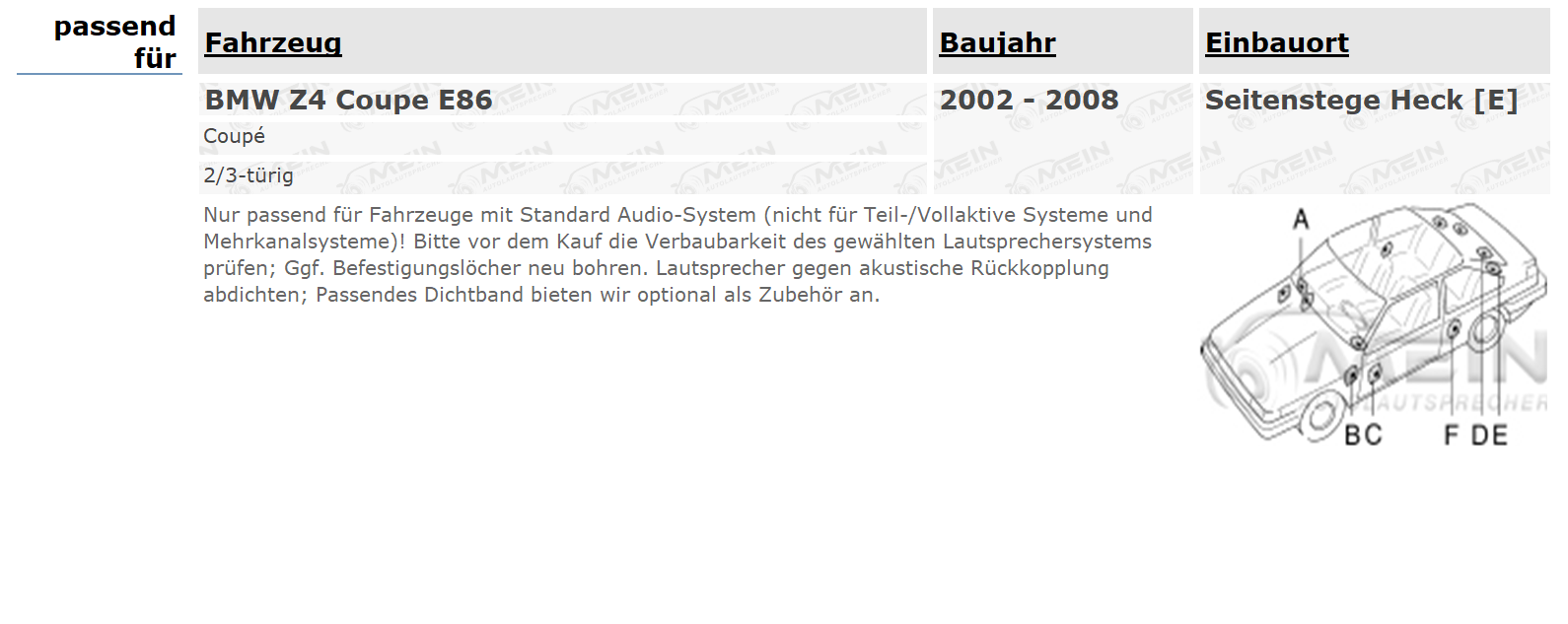 JVC DR LAUTSPRECHER für BMW Z4 Coupe E86 2002-2008 Heck Seite 220W 100