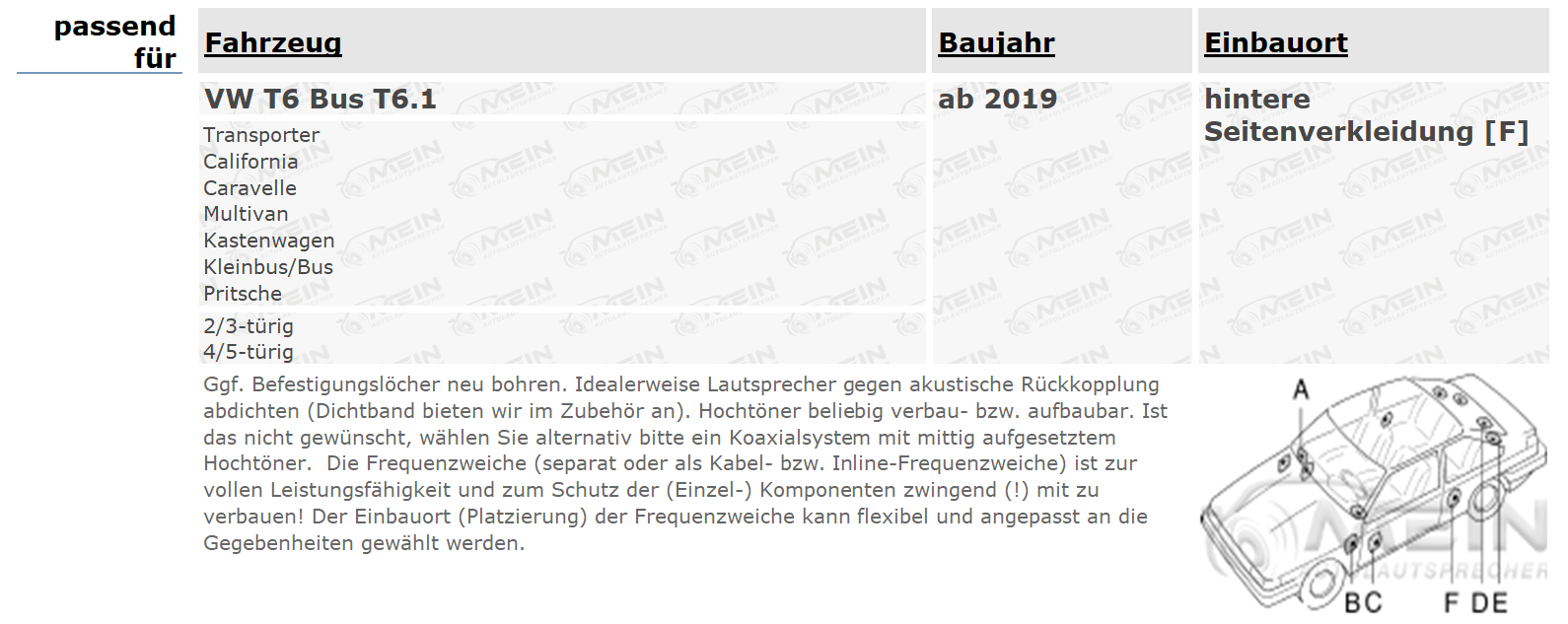 JBL LAUTSPRECHER für VW T6 Bus T6.1 ab 2019 Heck Seite 2-Wege 250W 165