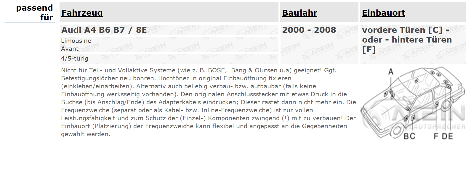 JBL LAUTSPRECHER für AUDI A4 B6 B7 / 8E 2000-2008 Front Heck Tür 270W