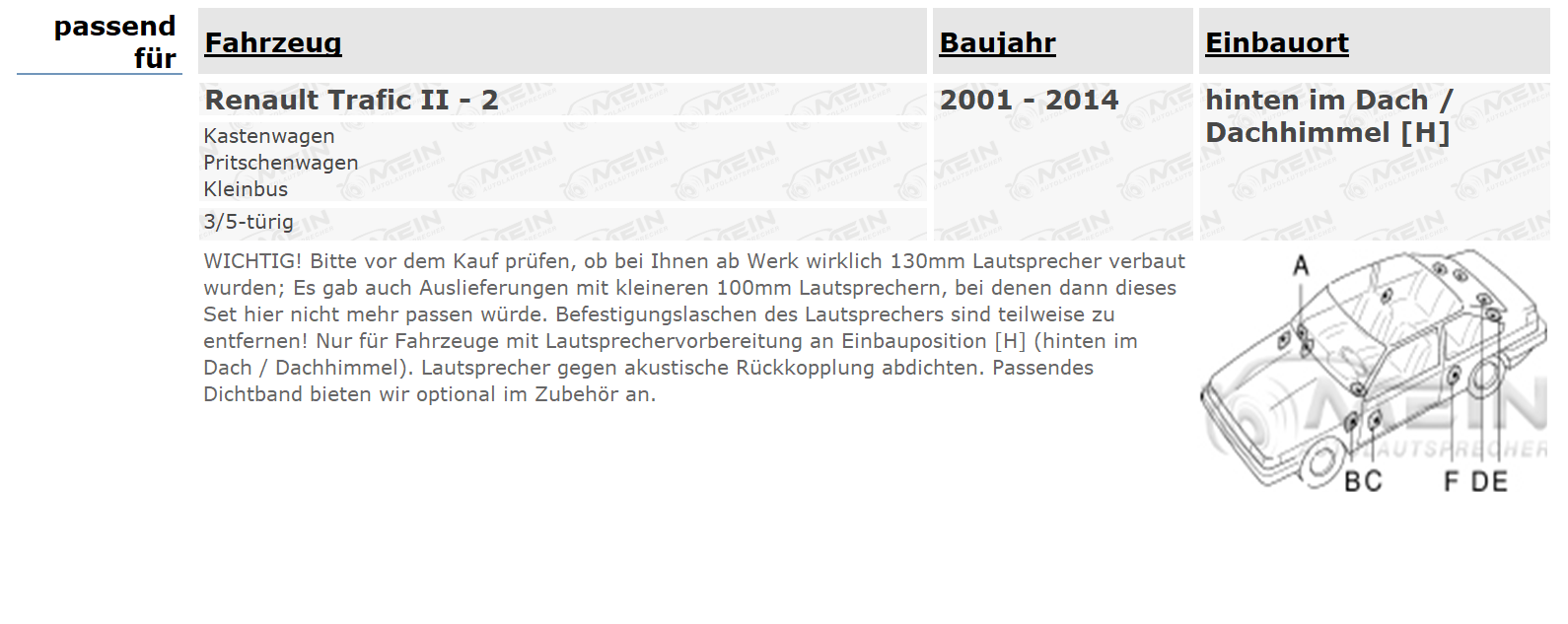 ALPINE LAUTSPRECHER für RENAULT TRAFIC II - 2 2001-2014 Dach Hinten