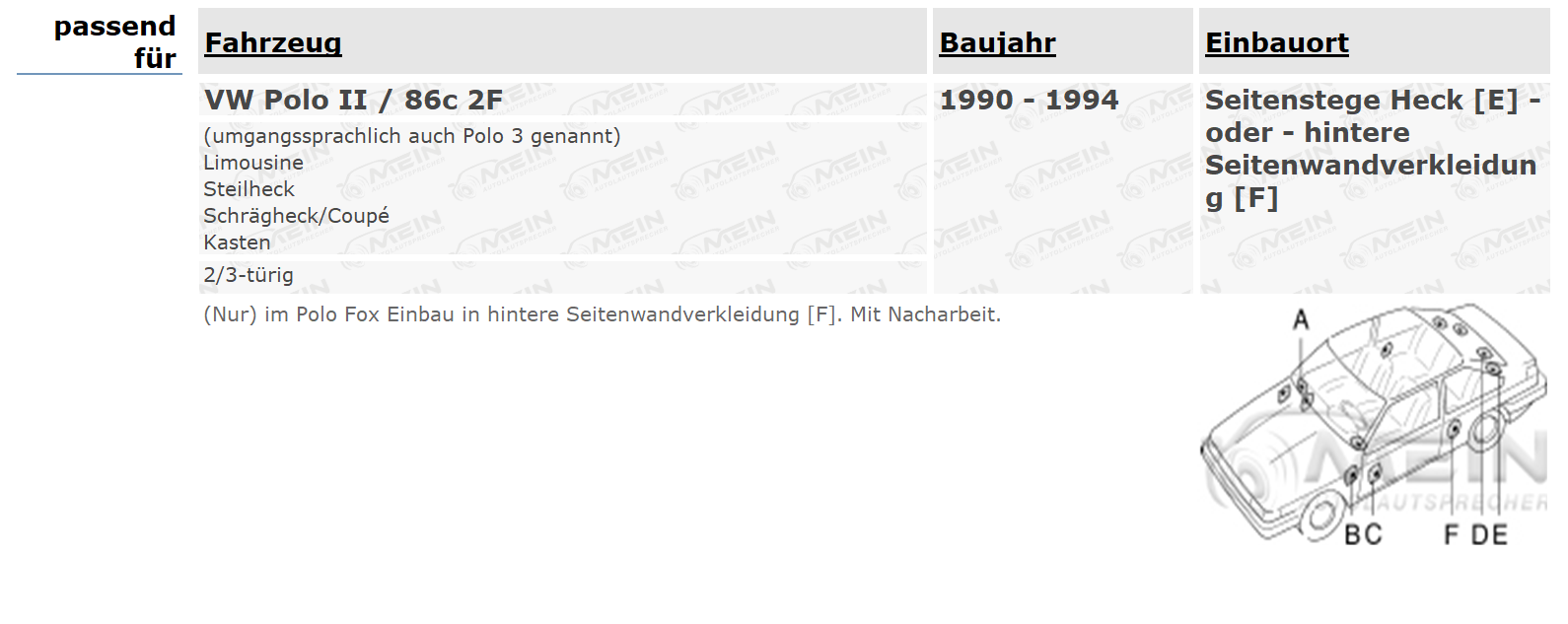 ALPINE LAUTSPRECHER für VW POLO II / 86c 2F 1990-1994 Heck Hinten 180W