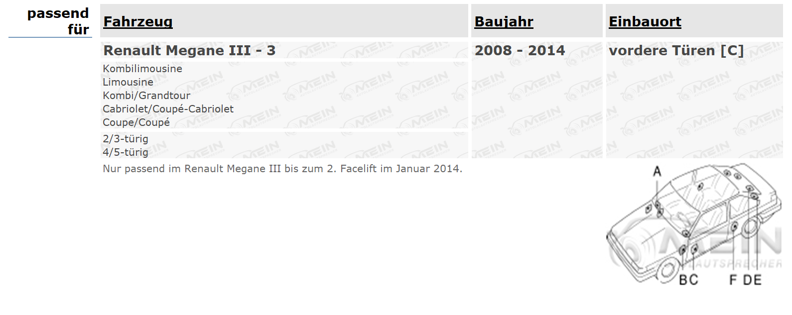 JBL LAUTSPRECHER für RENAULT MEGANE III - 3 2008-2014 Front Tür 210W