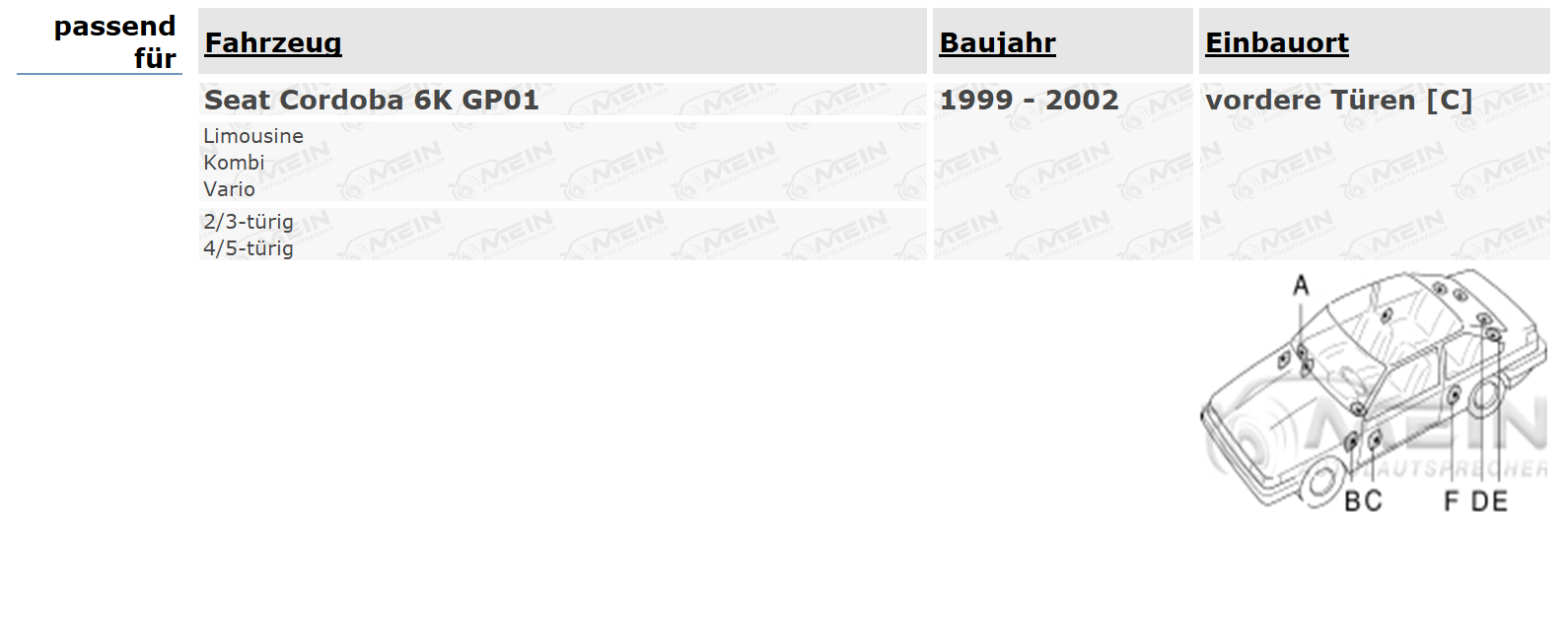 JBL LAUTSPRECHER für SEAT CORDOBA 6K GP01 1999-2002 Front Vorn 180W