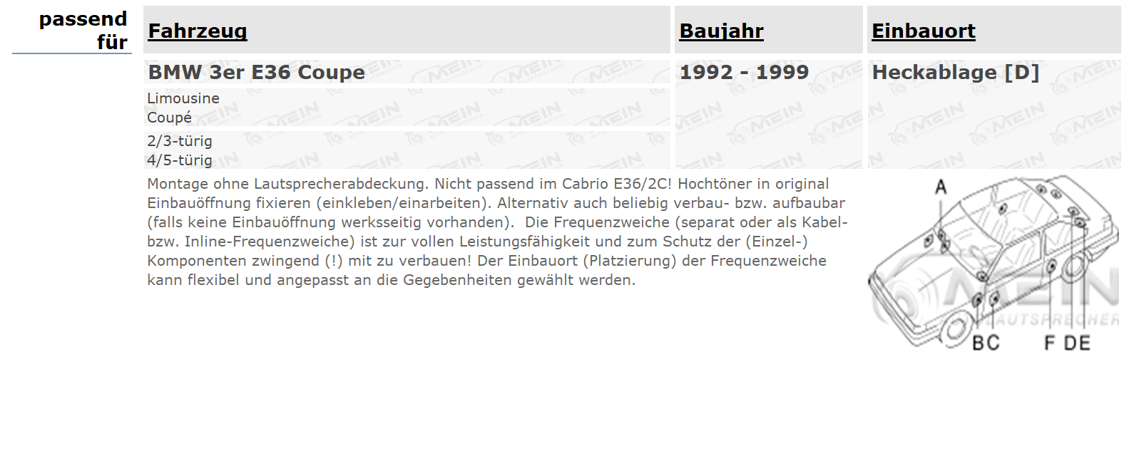 PIONEER LAUTSPRECHER für BMW 3ER E36 Coupe 1992-1999 Heckablage 250W