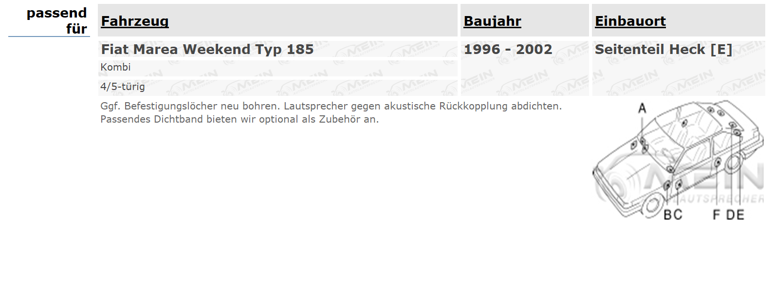 BLAUPUNKT LAUTSPRECHER für FIAT MAREA Weekend Typ 185 1996-2002 Heck