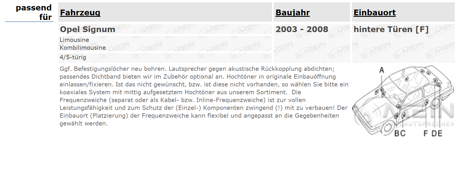 SINUSTEC LAUTSPRECHER für OPEL SIGNUM 2003-2008 Heck Tür 2-Wege 300W