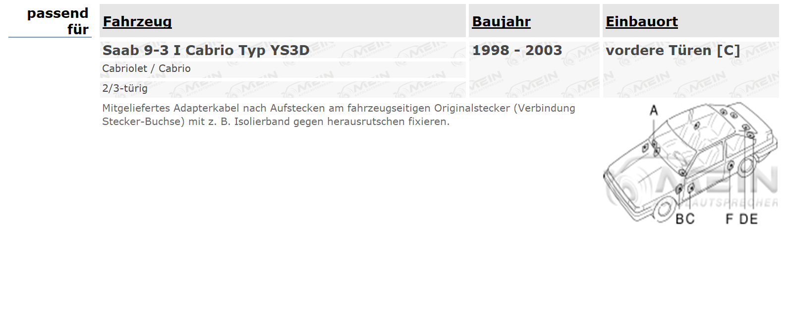 ALPINE LAUTSPRECHER für SAAB 9-3 I Cabrio Typ YS3D 1998-2003 Front Tür