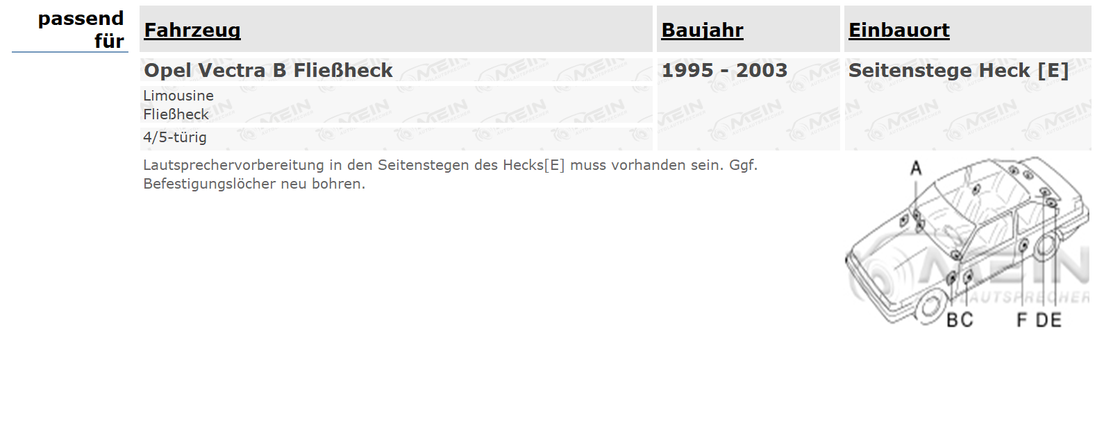 JBL LAUTSPRECHER für OPEL VECTRA B Fließheck 1995-2003 Heck Hinten 130