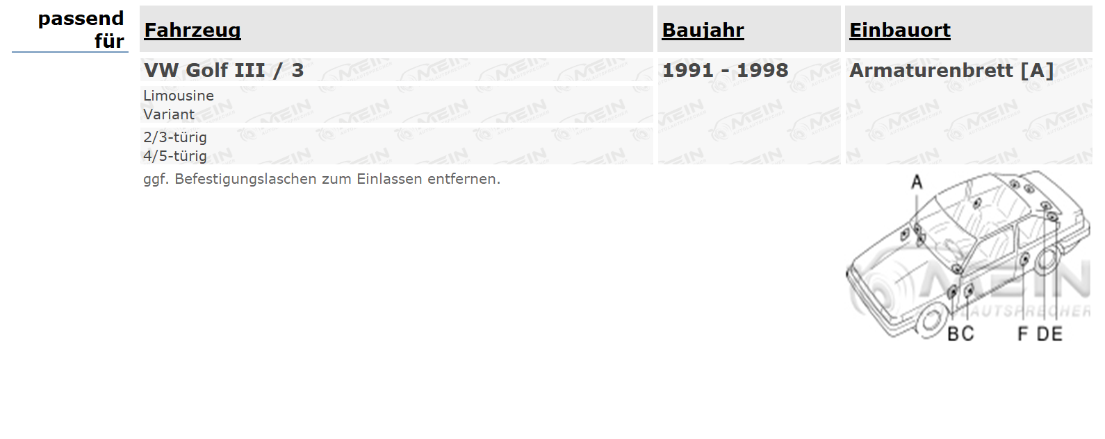 BLAUPUNKT LAUTSPRECHER für VW GOLF III / 3 1991-1998 Armaturenbrett