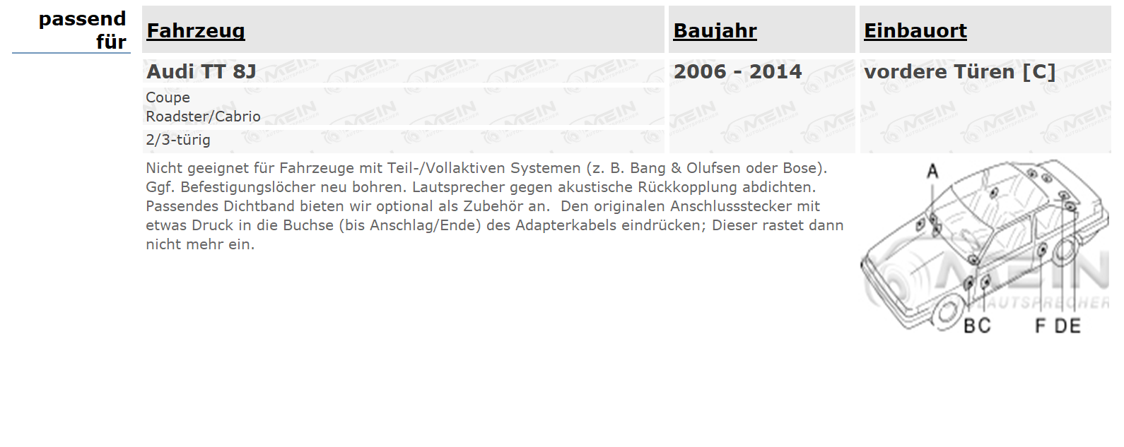 JBL LAUTSPRECHER für AUDI TT 8J 2006-2014 Front Vorn Tür 2-Wege 150W