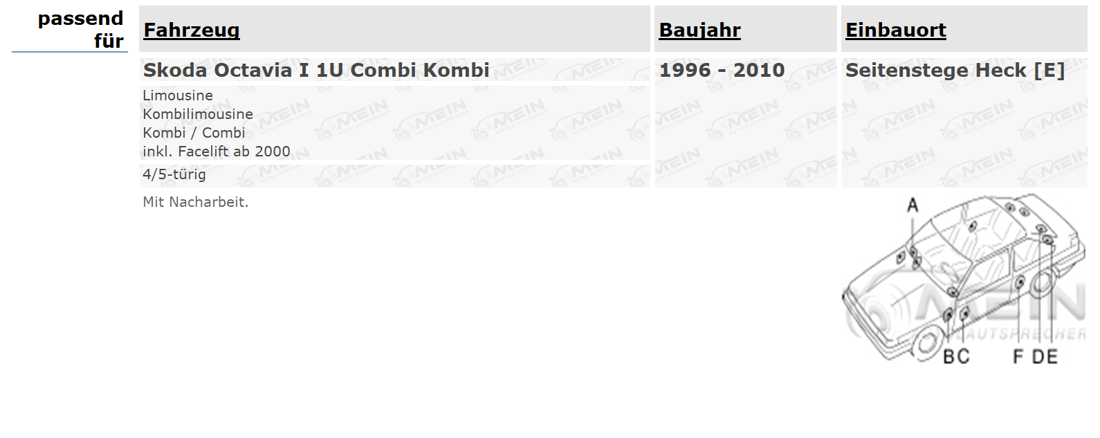 AUTO LAUTSPRECHER für SKODA OCTAVIA I 1U Combi Kombi 1996-2010 Heck