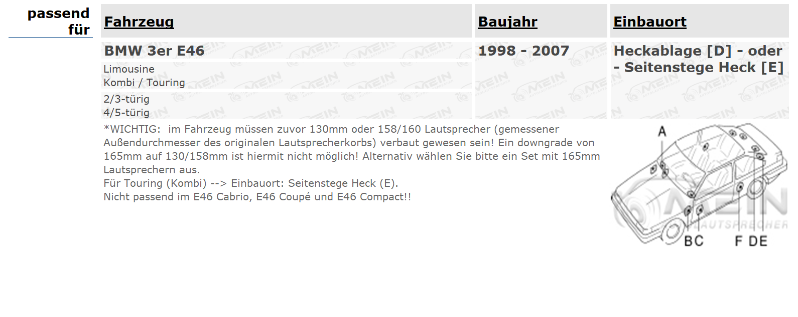 JBL LAUTSPRECHER für BMW 3ER E46 1998-2007 Heck Hinten 2-Wege 150W 130