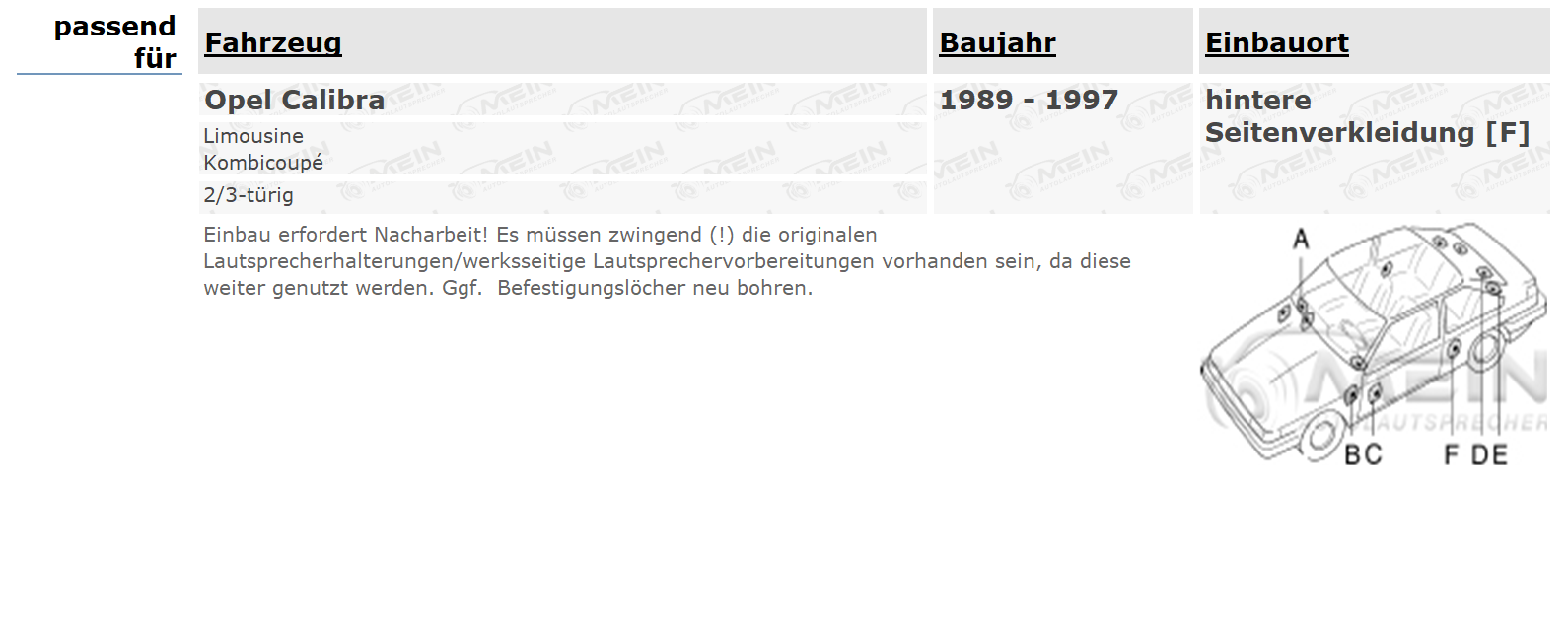 JBL LAUTSPRECHER für OPEL CALIBRA 1989-1997 Heck Hinten 2-Wege 150W