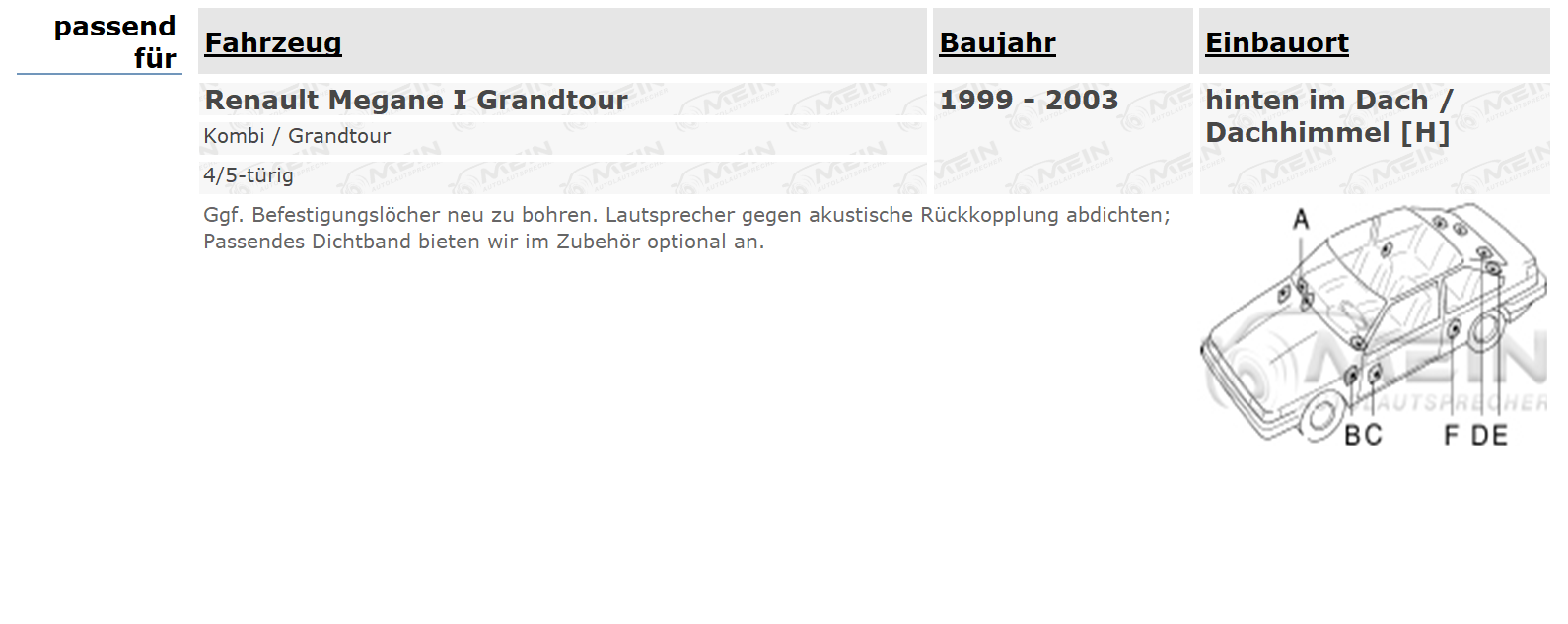 AUTO LAUTSPRECHER für RENAULT MEGANE I Grandtour 1999-2003 Dach Hinten