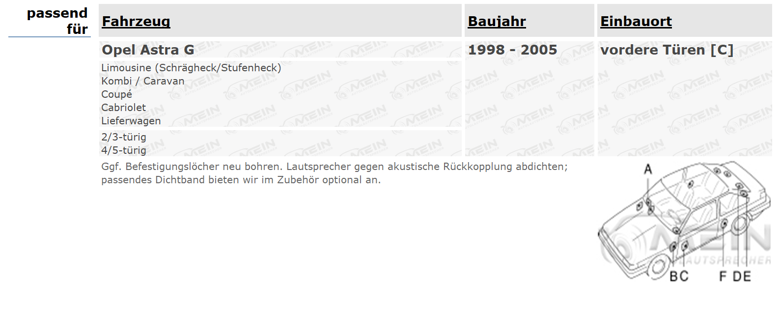 JBL LAUTSPRECHER für OPEL ASTRA G 1998-2005 Front Tür Vorn 2-Wege 180W