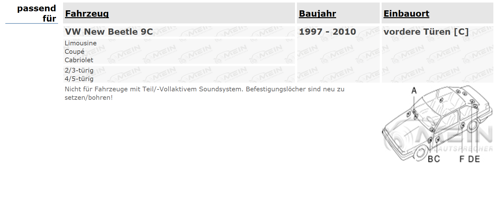 JBL LAUTSPRECHER für VW NEW BEETLE 9C 1997-2010 Front Vorn 2-Wege 200W