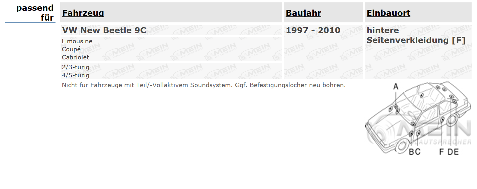 AUDIOCIRCLE LAUTSPRECHER für VW NEW BEETLE 9C 1997-2010 Heck Hinten