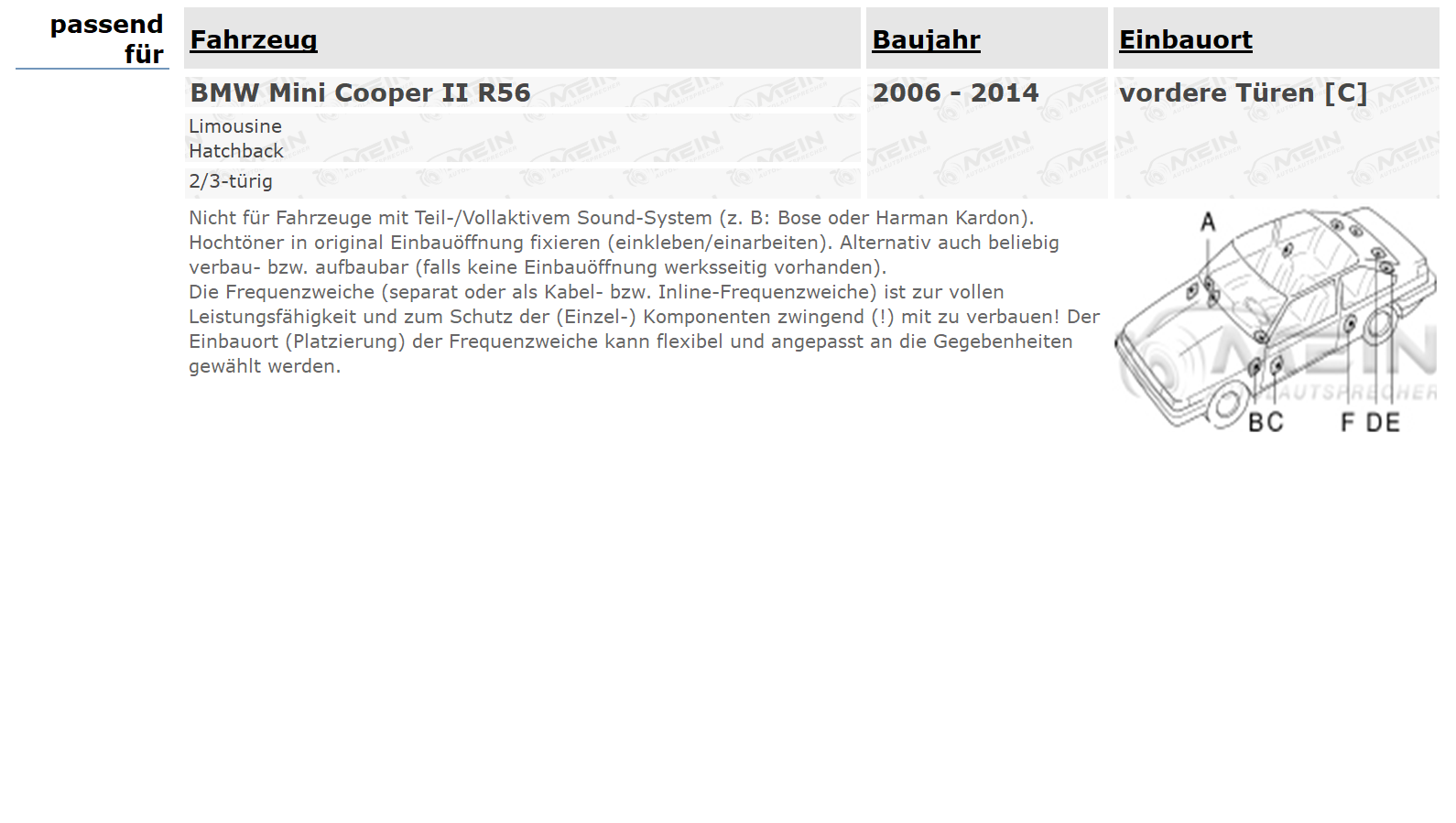 JBL LAUTSPRECHER für BMW MINI Cooper II R56 2006-2014 Front Vorn 270W