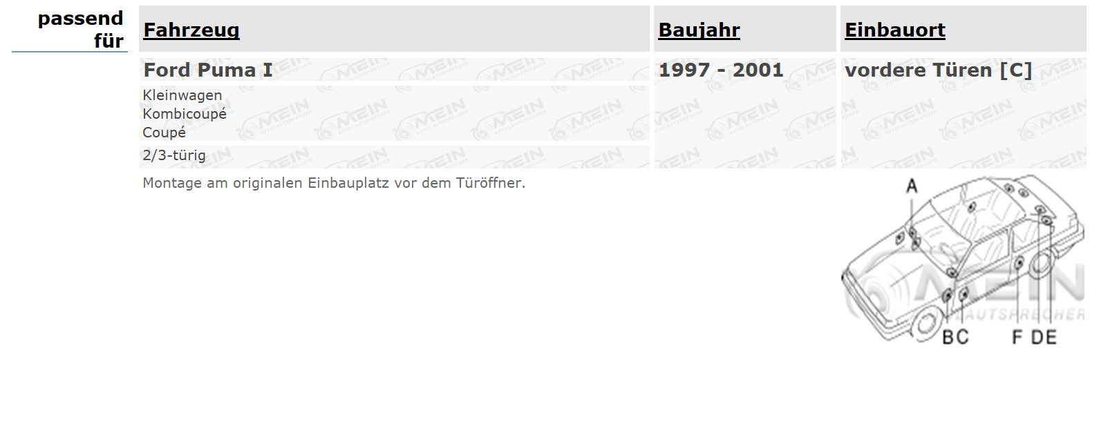 JBL LAUTSPRECHER für FORD PUMA I 1997-2001 Front Tür Vorn 2-Wege 135W