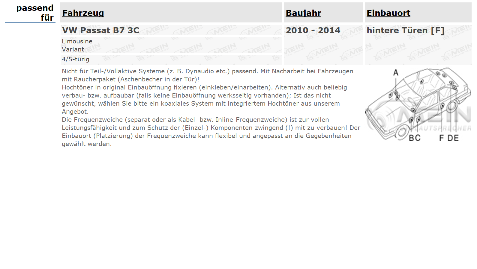 JBL LAUTSPRECHER für VW PASSAT B7 3C 2010-2014 Heck Hinten 2-Wege 270W