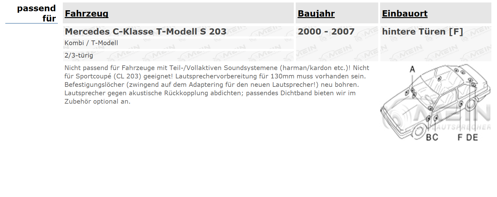 JBL LAUTSPRECHER für MERCEDES C-KLASSE T-Modell S 203 2000-2007 Heck
