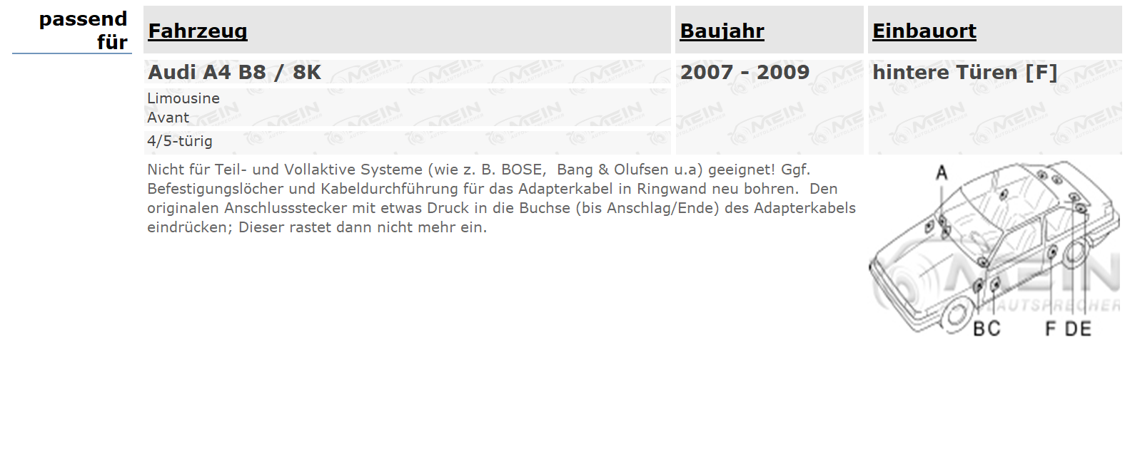 JBL LAUTSPRECHER für AUDI A4 B8 / 8K 2007-2009 Heck Hinten 2-Wege 180W