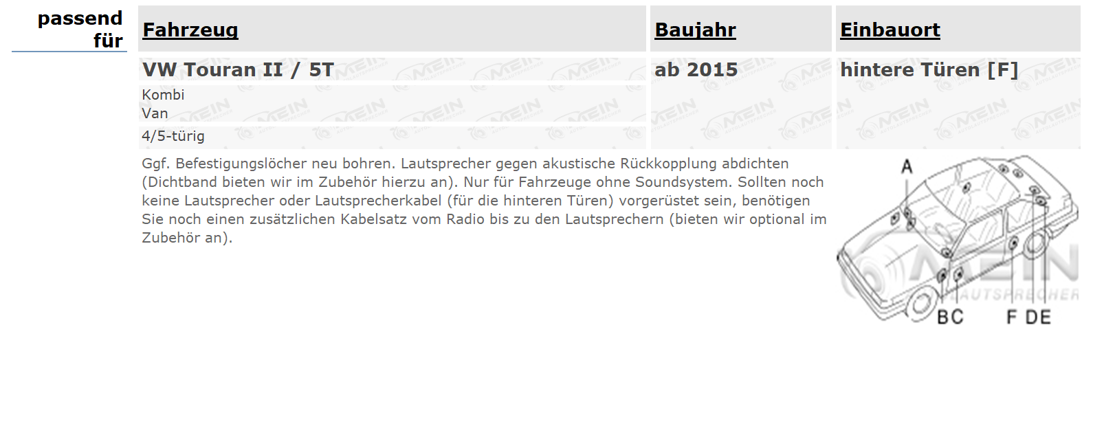 JVC LAUTSPRECHER für VW TOURAN II / 5T ab 2015 Tür Heck 2-Wege 300W