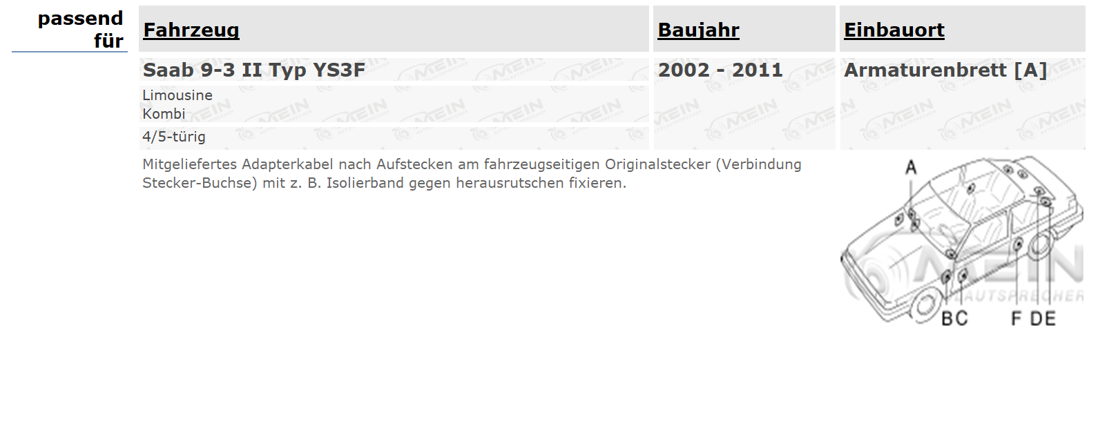 JBL LAUTSPRECHER für SAAB 9-3 II Typ YS3F 2002-2011 Armaturenbrett 75W