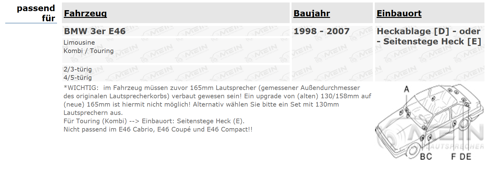 AUDIOCIRCLE LAUTSPRECHER für BMW 3ER E46 1998-2007 Heck Hinten 100W