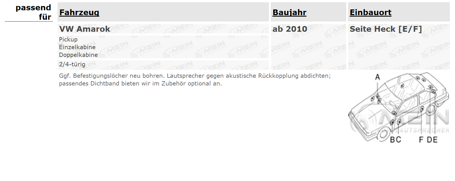 JBL LAUTSPRECHER für VW AMAROK ab 2010 Heck Seite Hinten 2-Wege 180W