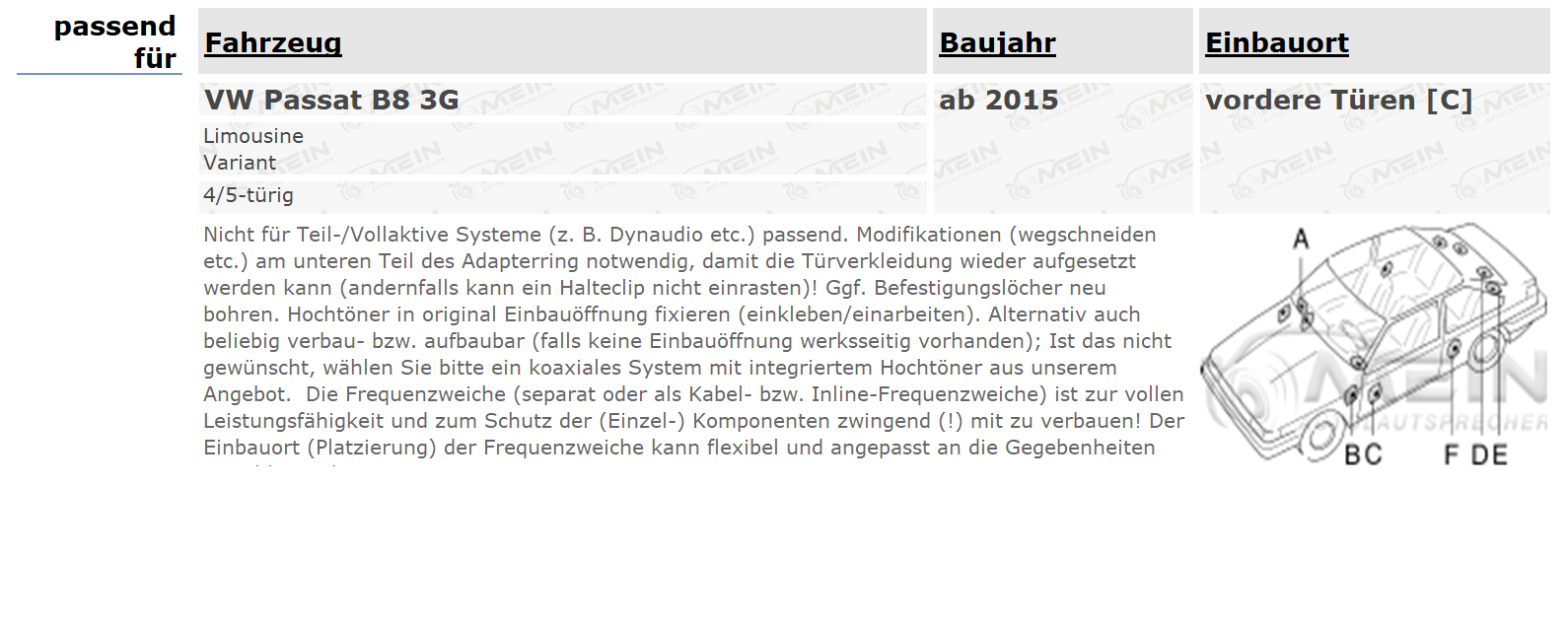 JVC DR LAUTSPRECHER für VW PASSAT B8 3G ab 2015 Front Vorn 2-Wege 360W