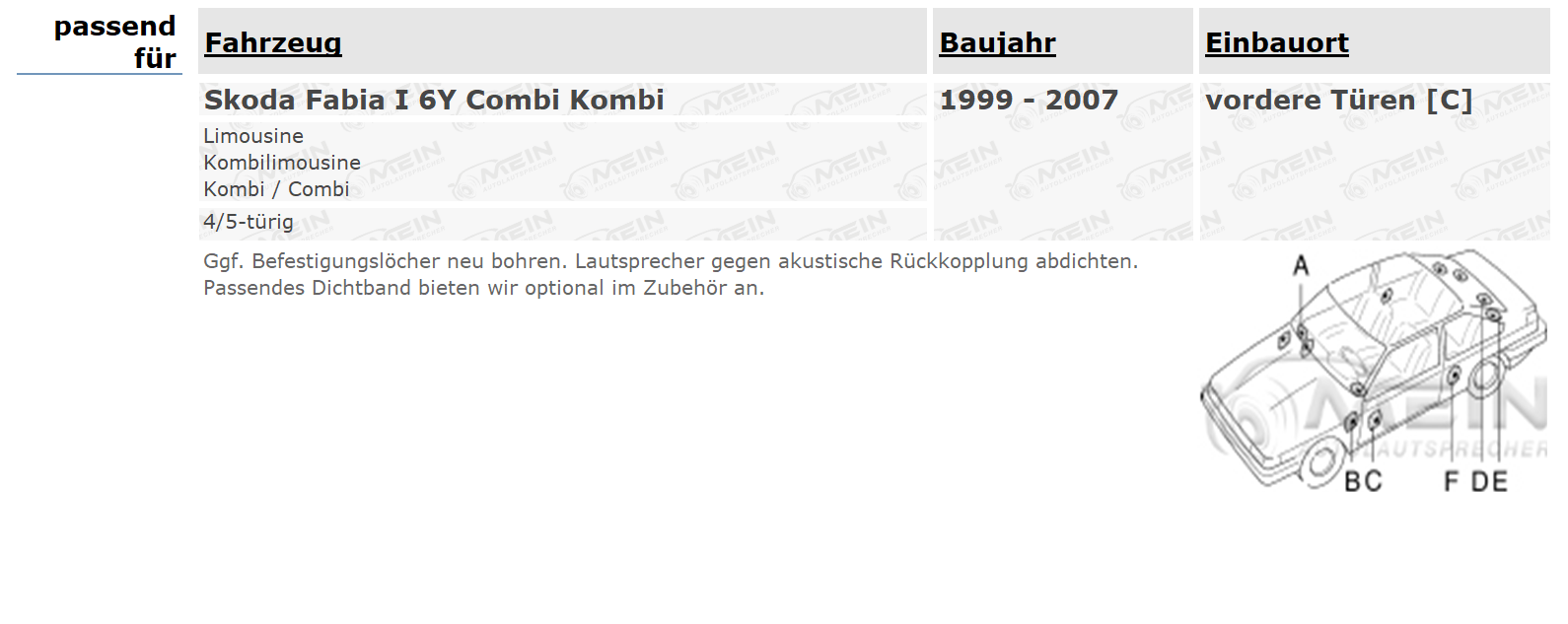 JBL LAUTSPRECHER für SKODA FABIA I 6Y Combi Kombi 1999-2007 Front Tür