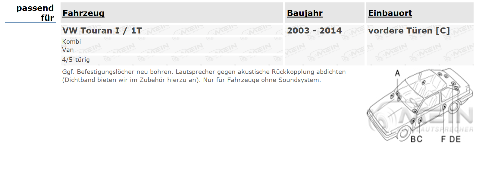AUTO LAUTSPRECHER für VW TOURAN I / 1T 2003-2014 Front Vorn Tür 400W