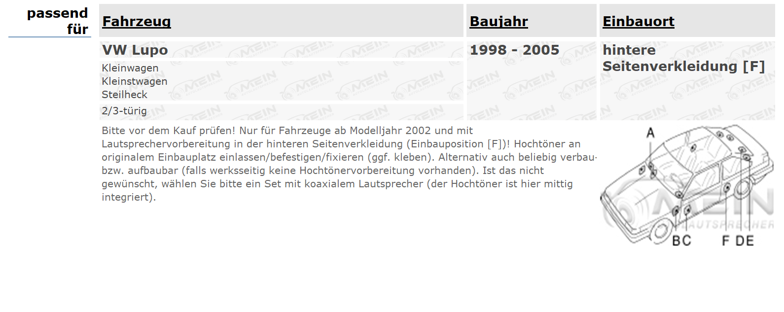 ALPINE LAUTSPRECHER für VW LUPO 1998-2005 Heck Seite 2-Wege Kompo 280W