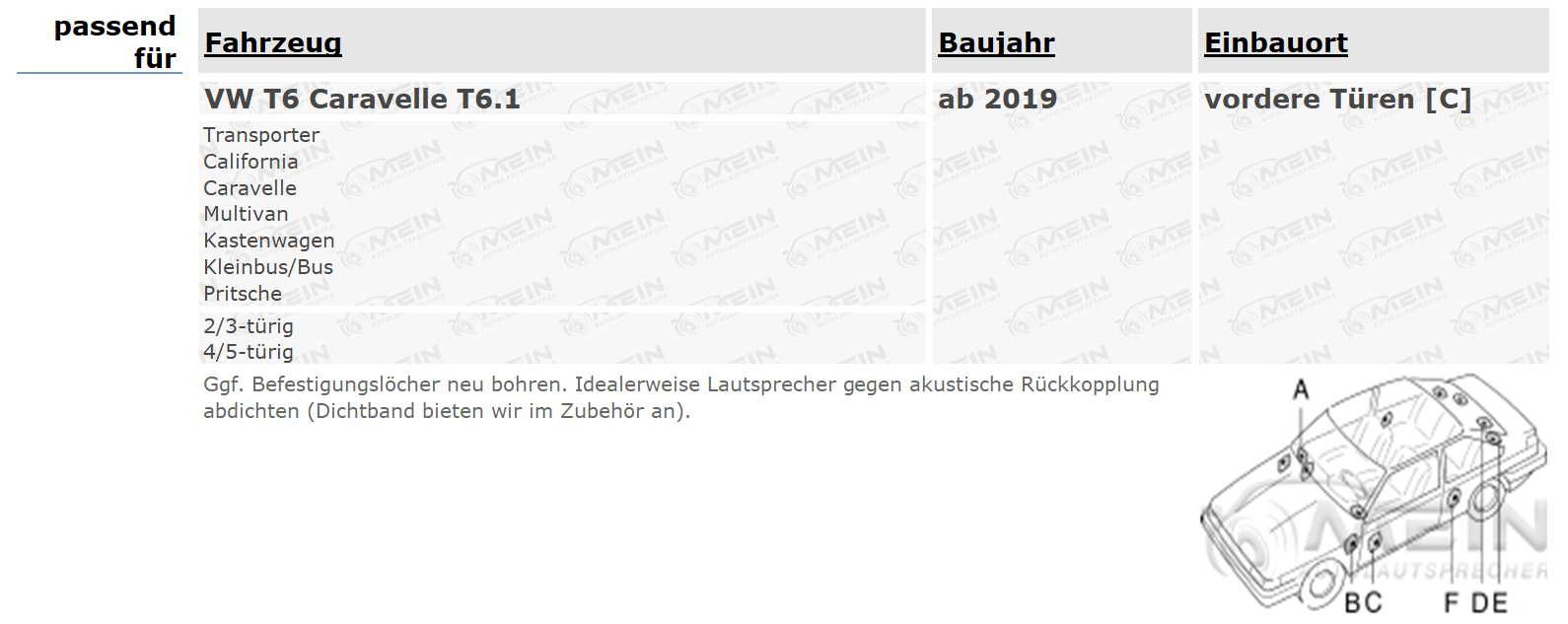 BLAUPUNKT LAUTSPRECHER für VW T6 Caravelle T6.1 ab 2019 Front Tür 250W